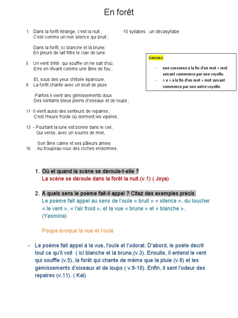 Correction Poeme En Foret 6eme Pdf Lune Poesie