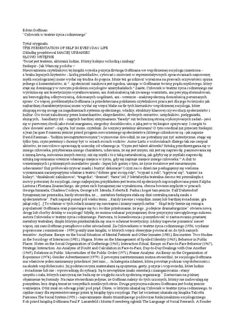 Człowiek W Teatrze życia Codziennego Pdf