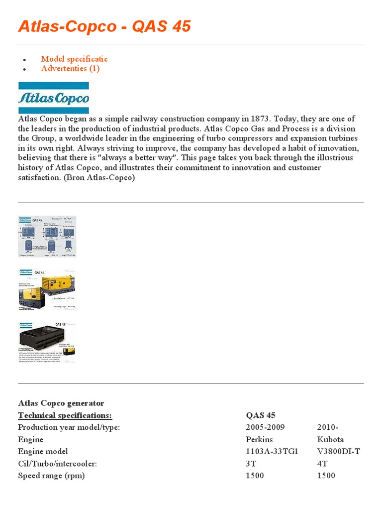 Atlas-Copco - QAS 45: Model Specificatie Advertenties | PDF | Engines ...