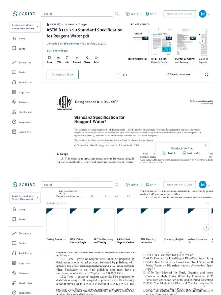 ASTM D119399 Standard Specification For Reagent Water PDF Water