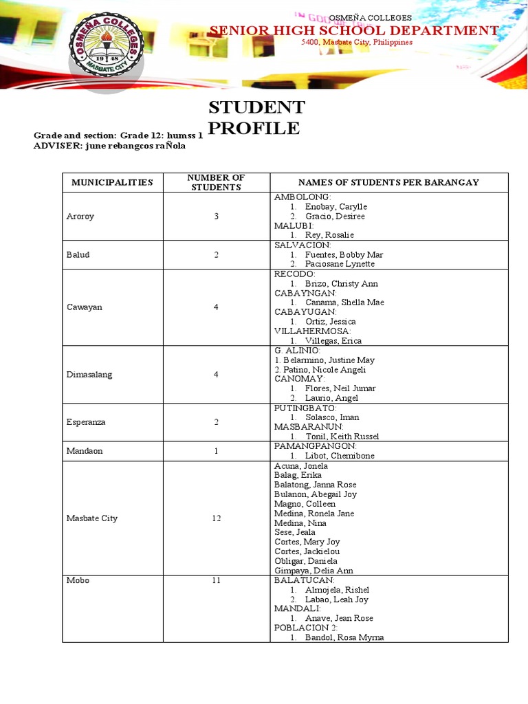 Student Profile: Senior High School Department | PDF