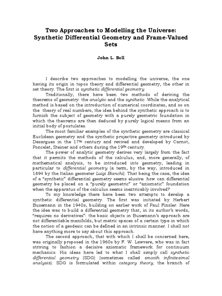 Two Approaches To Modelling The Universe Synthetic Differential