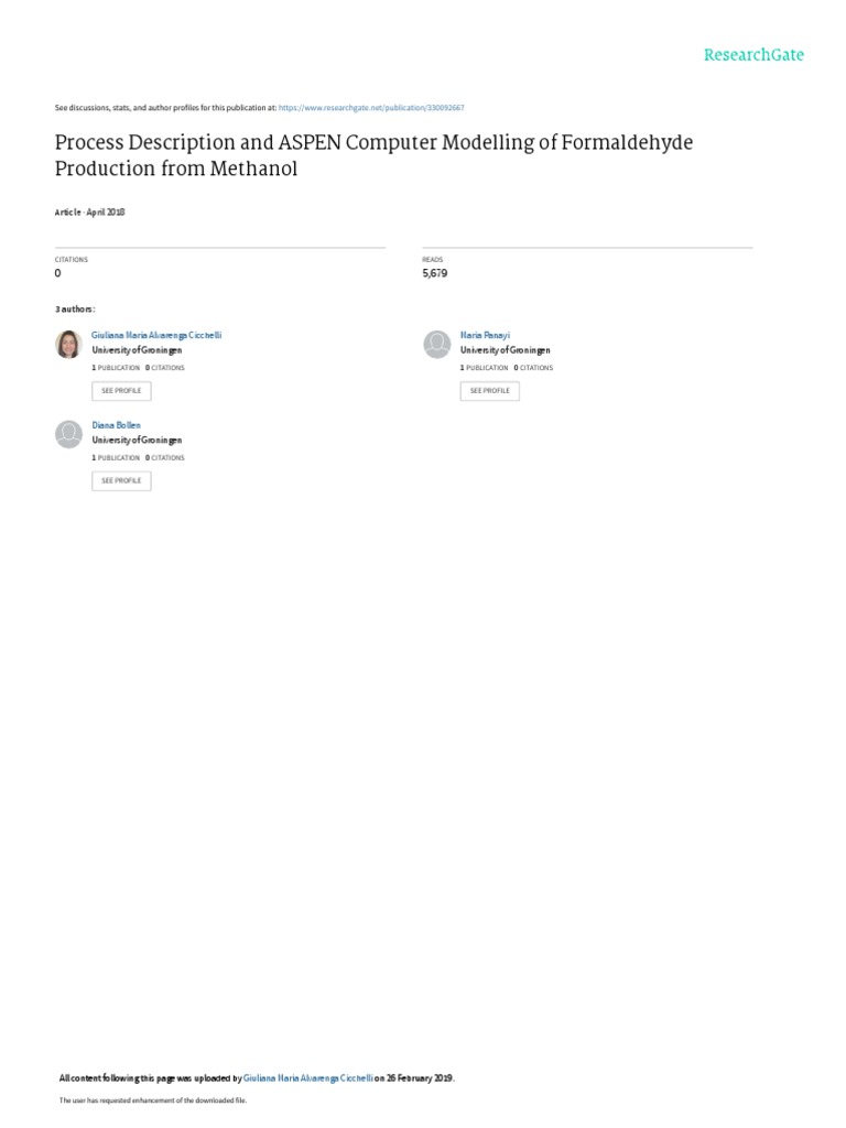 Formaldehyde Production via ASPEN Modeling | PDF | Chemical Reactor ...