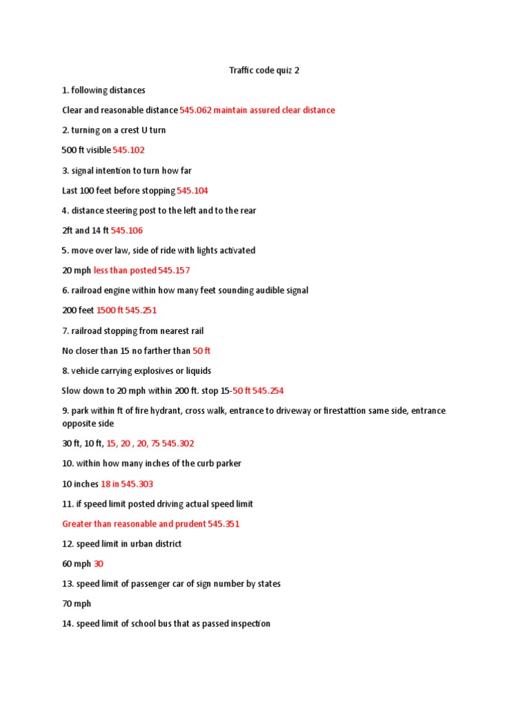 Traffic Code Quiz for Drivers | PDF