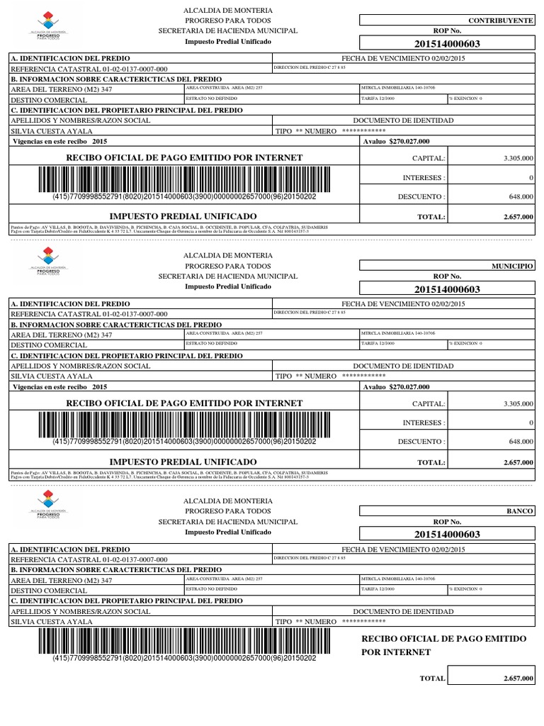 Recibo de Impuesto Predial 2015 | PDF | Coleccionar | Finanzas del gobierno