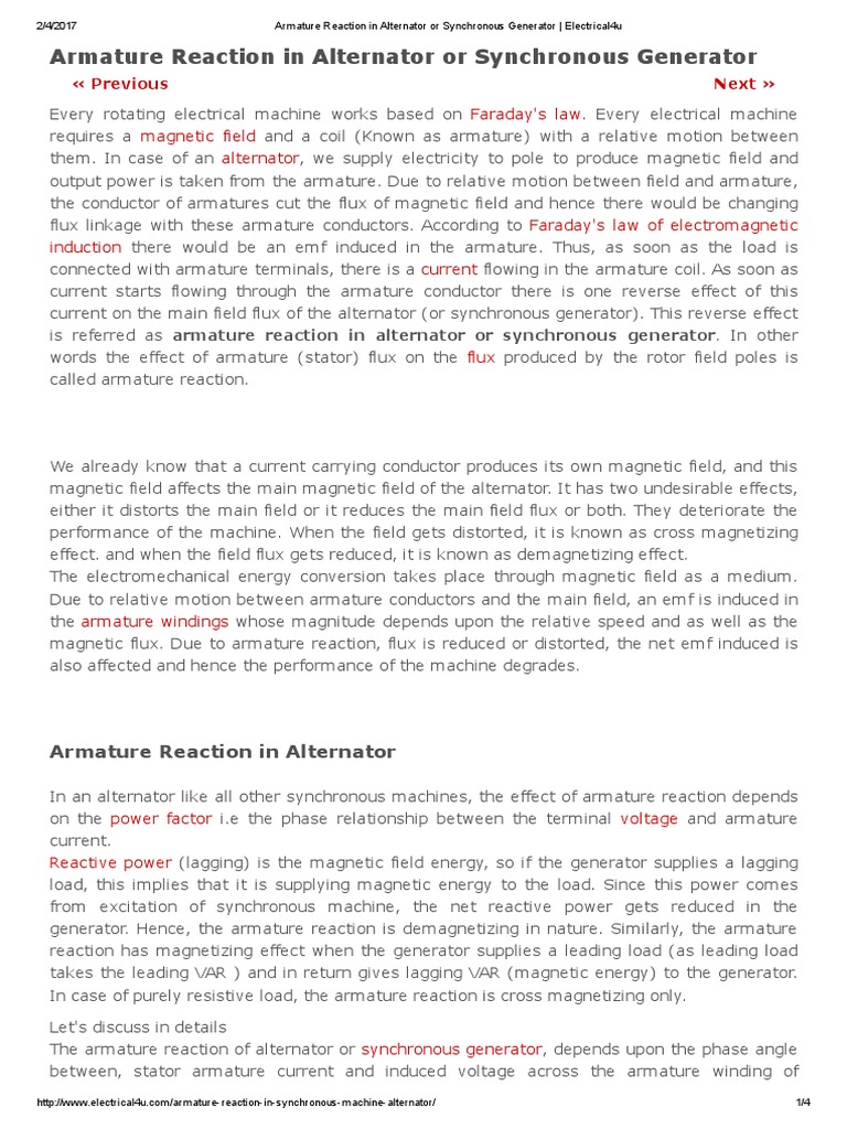 Armature Reaction in Alternator or Synchronous Generator PDF PDF