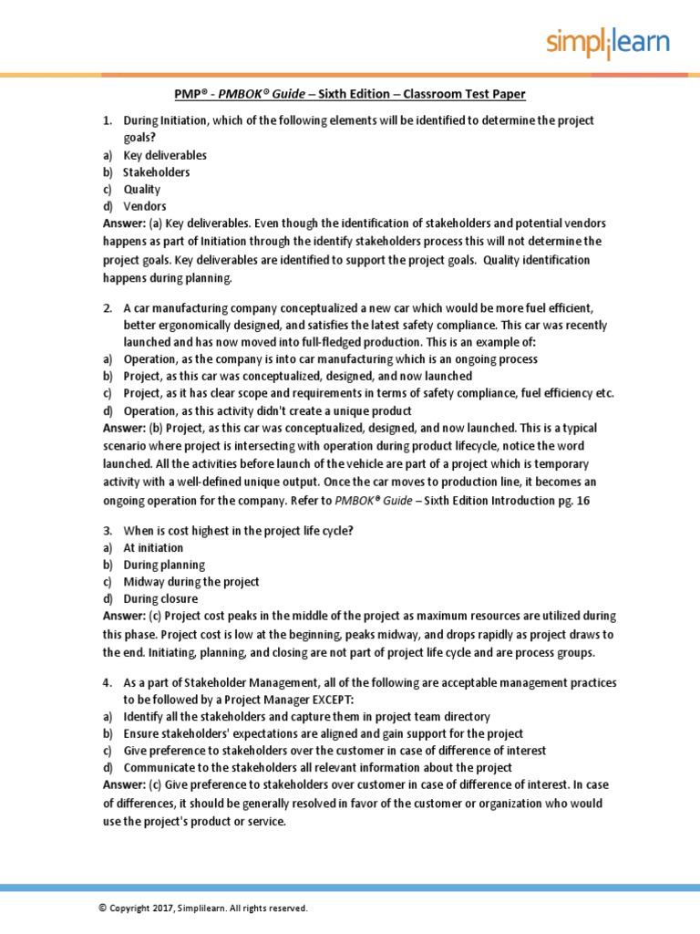 PMP - Classroom Testpaper With Answers PDF | PDF | Project Management ...