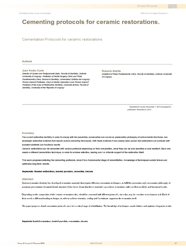 Cementation Protocols For Ceramic Restorations | PDF | Ceramics | Dentistry