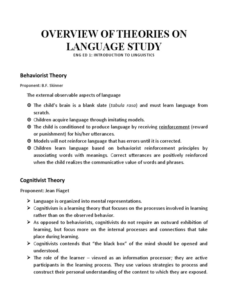 Overview of Theories On Language Study Behaviorist Theory PDF