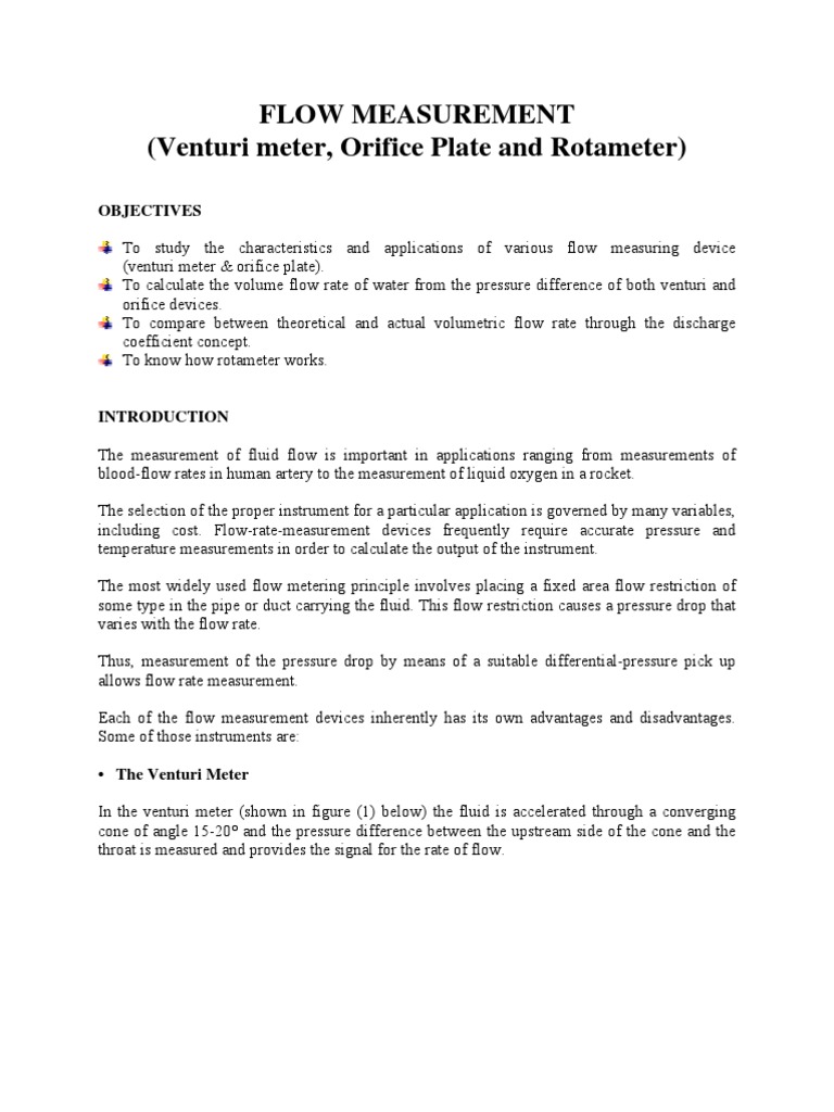 Experiment No 4 Flow Measurements Flow Measurement Hydraulic