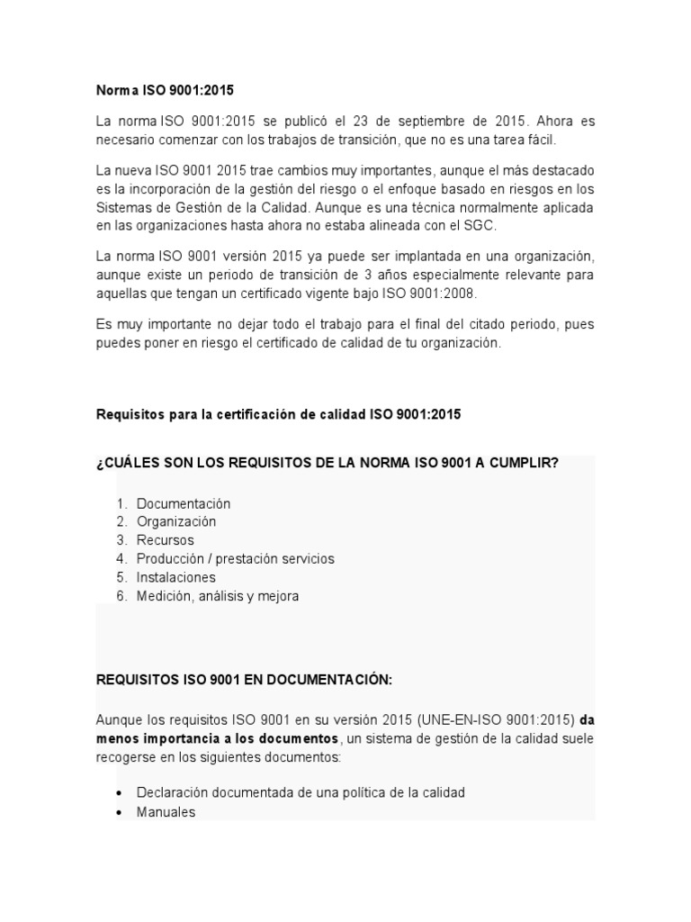 Resumen de la Norma ISO 9001:2015 | PDF | Iso 9000 | Gestión de la calidad