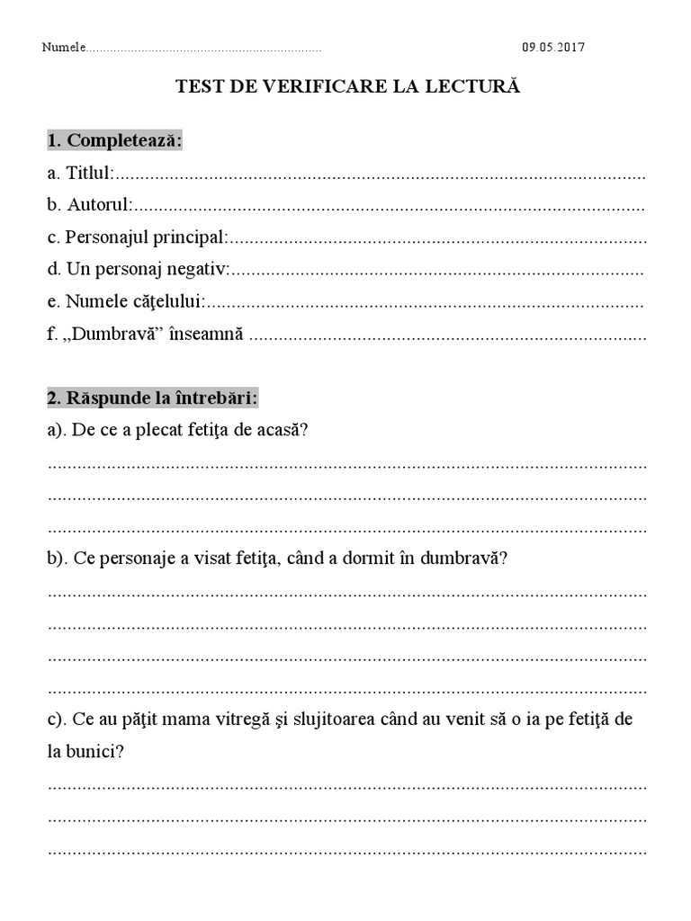 Rezumat Dumbrava Minunata Test Dumbrava Minunata | PDF