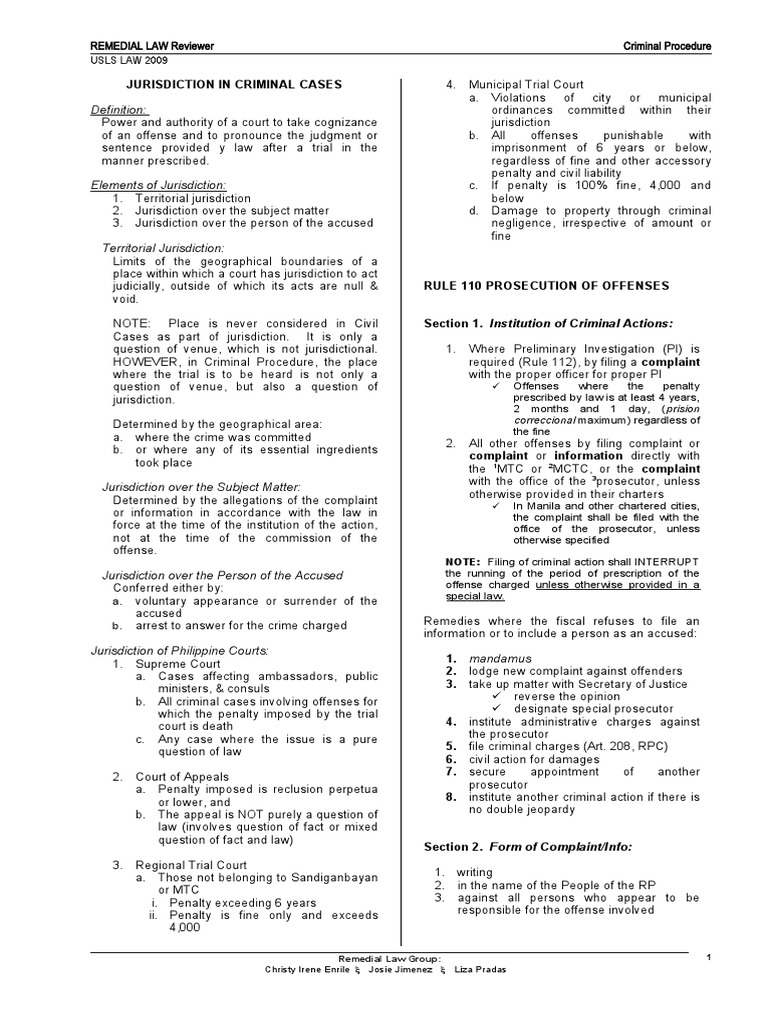 Criminal Procedure Jurisdiction Guide | PDF | Prosecutor | Criminal ...