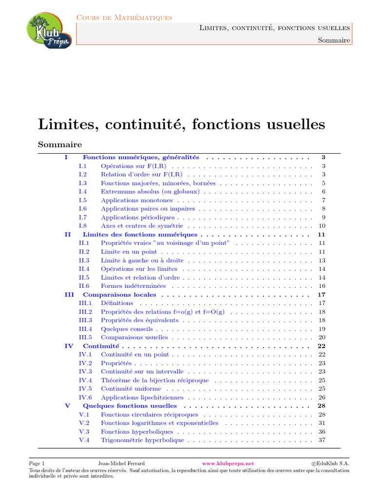 Limites et continuité des fonctions usuelles | PDF | Limite ...