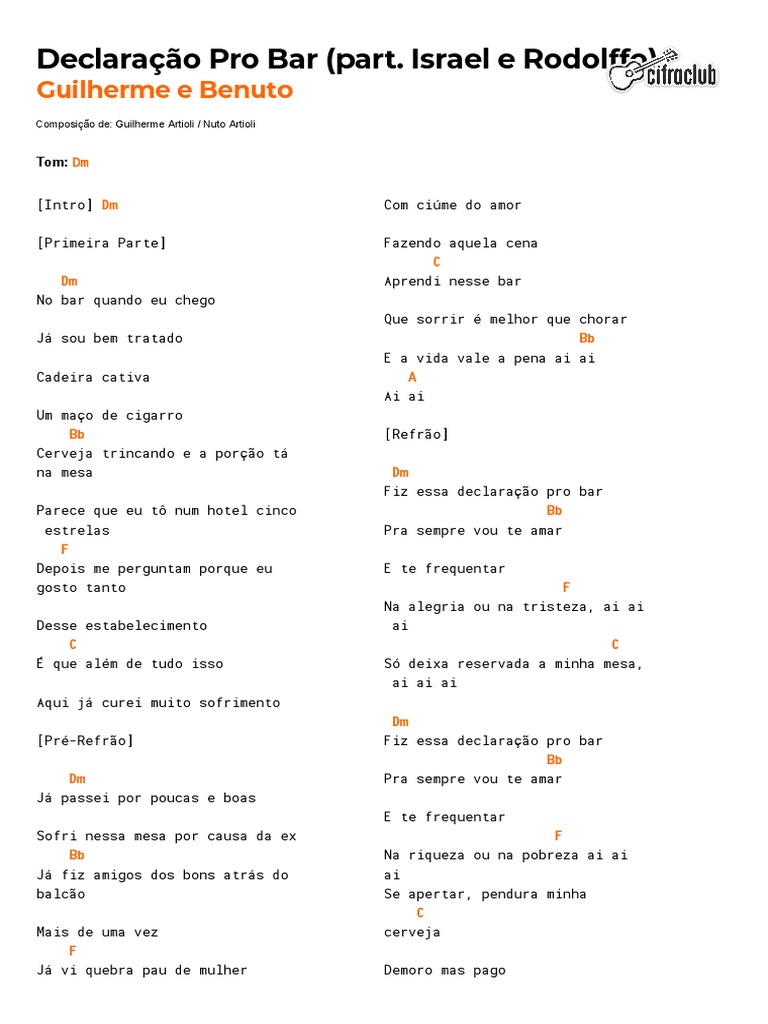 Fiz essa declaração pro bar pra sempre vou te amar Declaracao Pro Bar Guilherme E Benuto Part Israel E Rodolfo Baixo Cover Youtube
