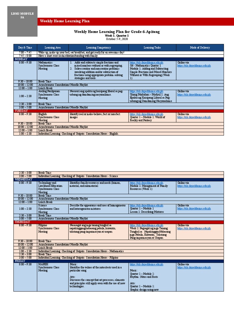 Grade 6 Weekly Home Learning Plan | PDF | Learning | Cognition