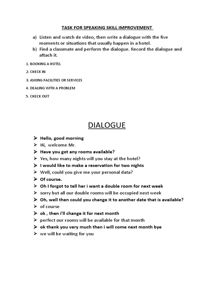 Hotel Dialogue Practice for Speaking Skills | PDF