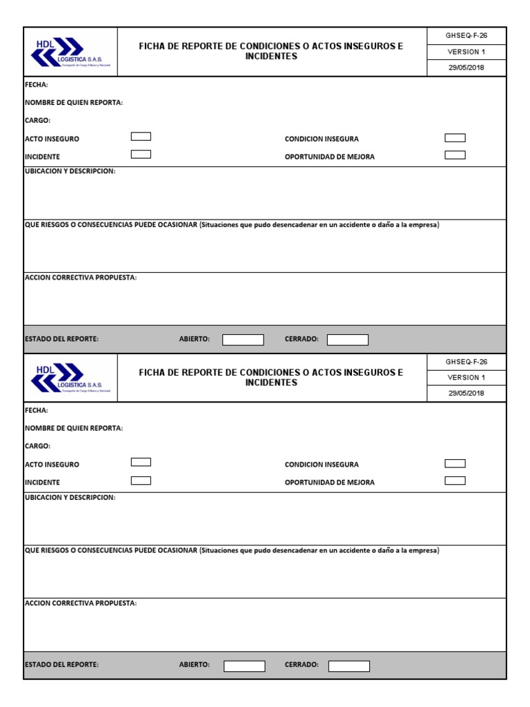 Formato de Reporte de Condiciones Inseguras | PDF | Accidente (general ...
