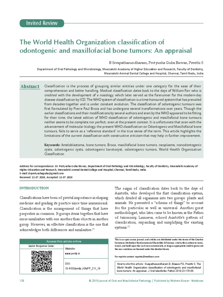 The World Health Organization Classification of Odontogenic and ...