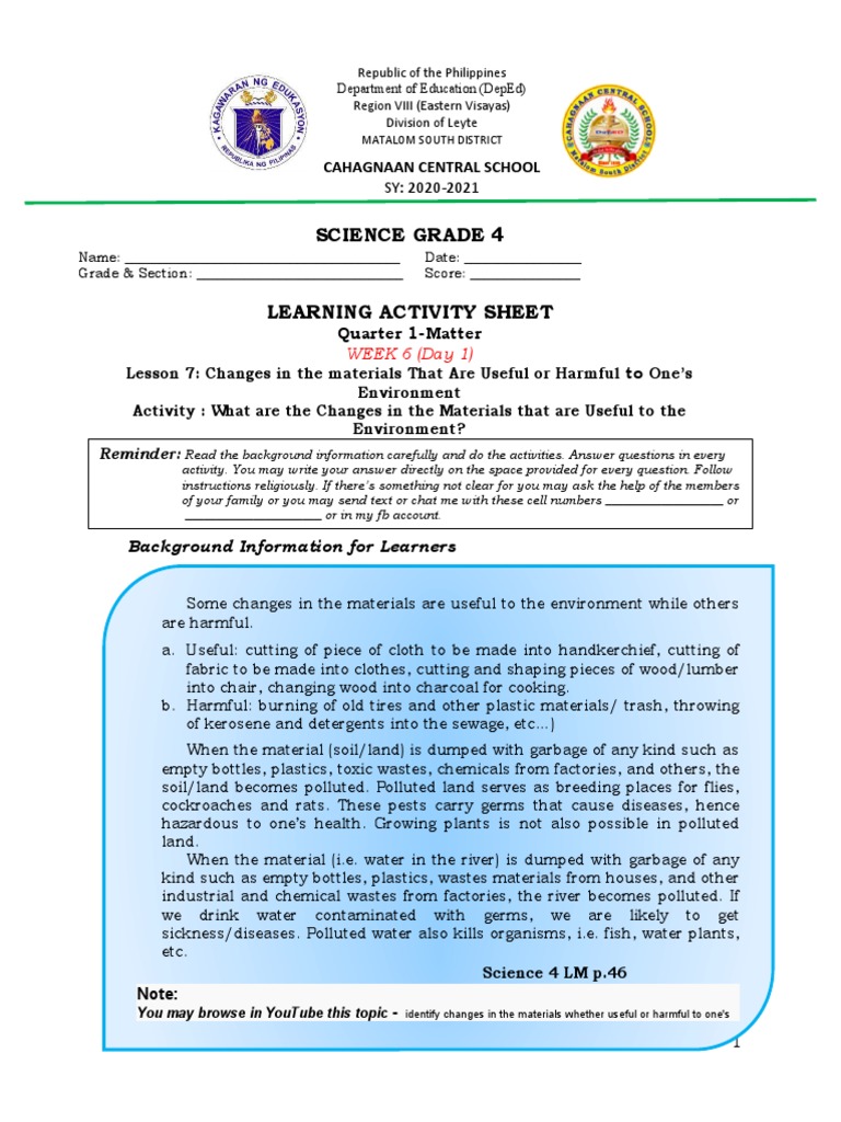 Learning Activity Sheets on Identifying Useful and Harmful Changes in