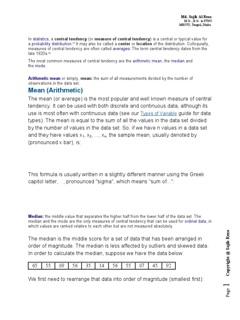 Measures of Central Tendancy | PDF | Mean | Level Of Measurement