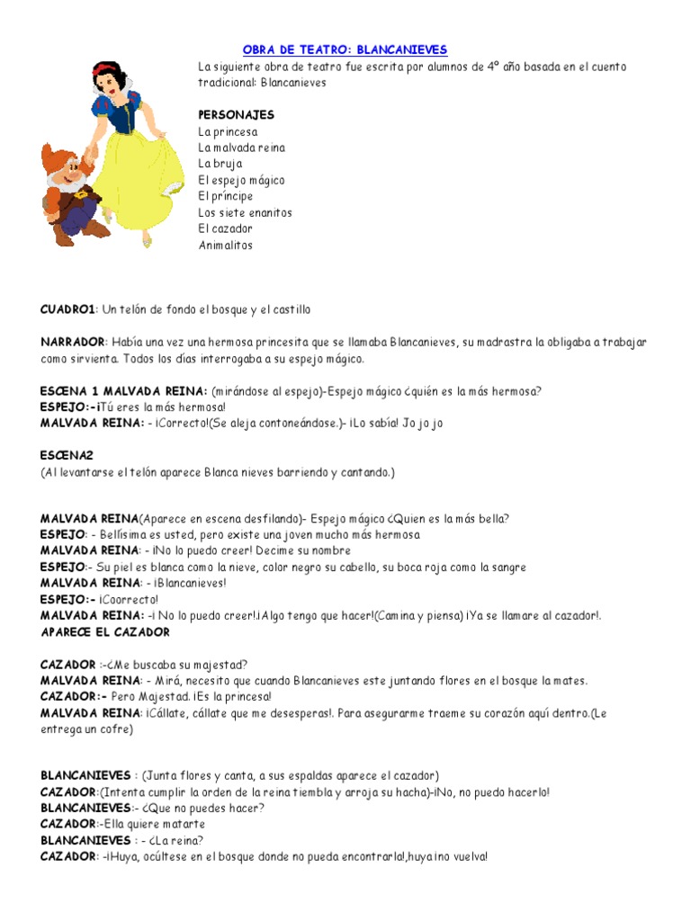 4 Grado OBRADETEATROBLANCANIEVES PDF Blanco como la nieve Los cuentos de los hermanos