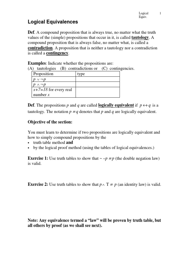 Logical Equivalences | PDF | Contradiction | Logical Expressions