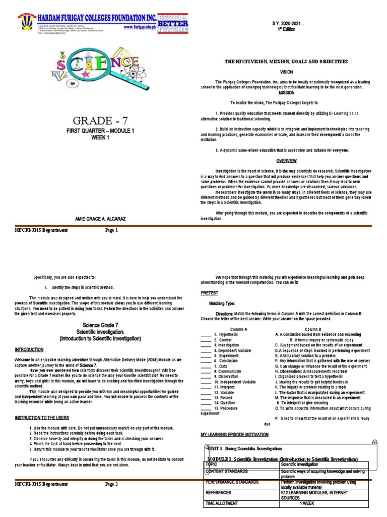 Science 1 Grade 7 | PDF | Experiment | Scientific Method