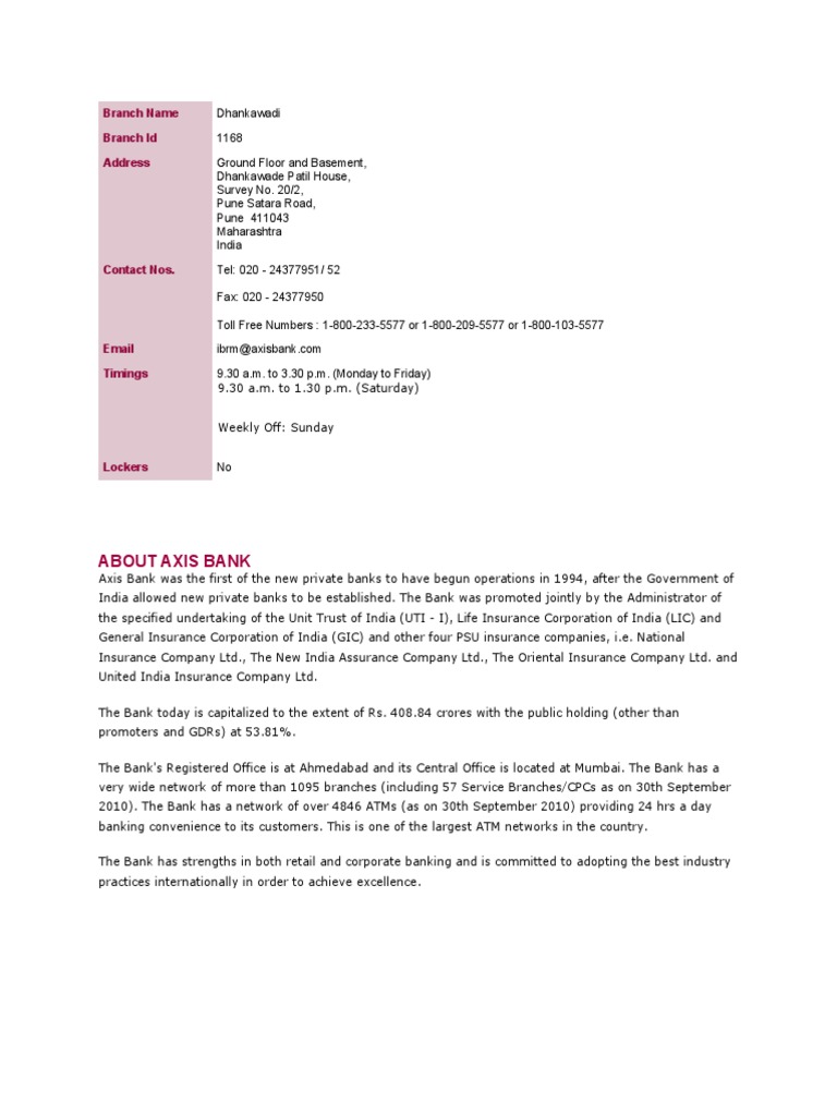 Axis Bank Dhankawadi Branch Details | PDF | Banks | Cheque