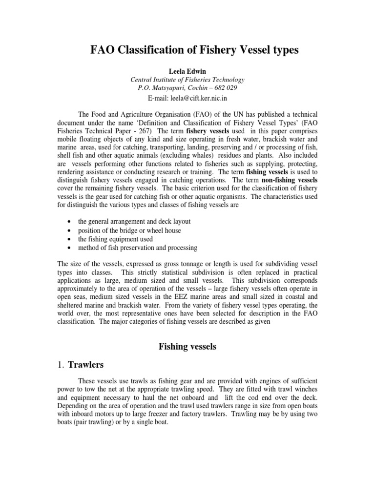 Fao Classification of Fishery Vessel Types Compress PDF PDF