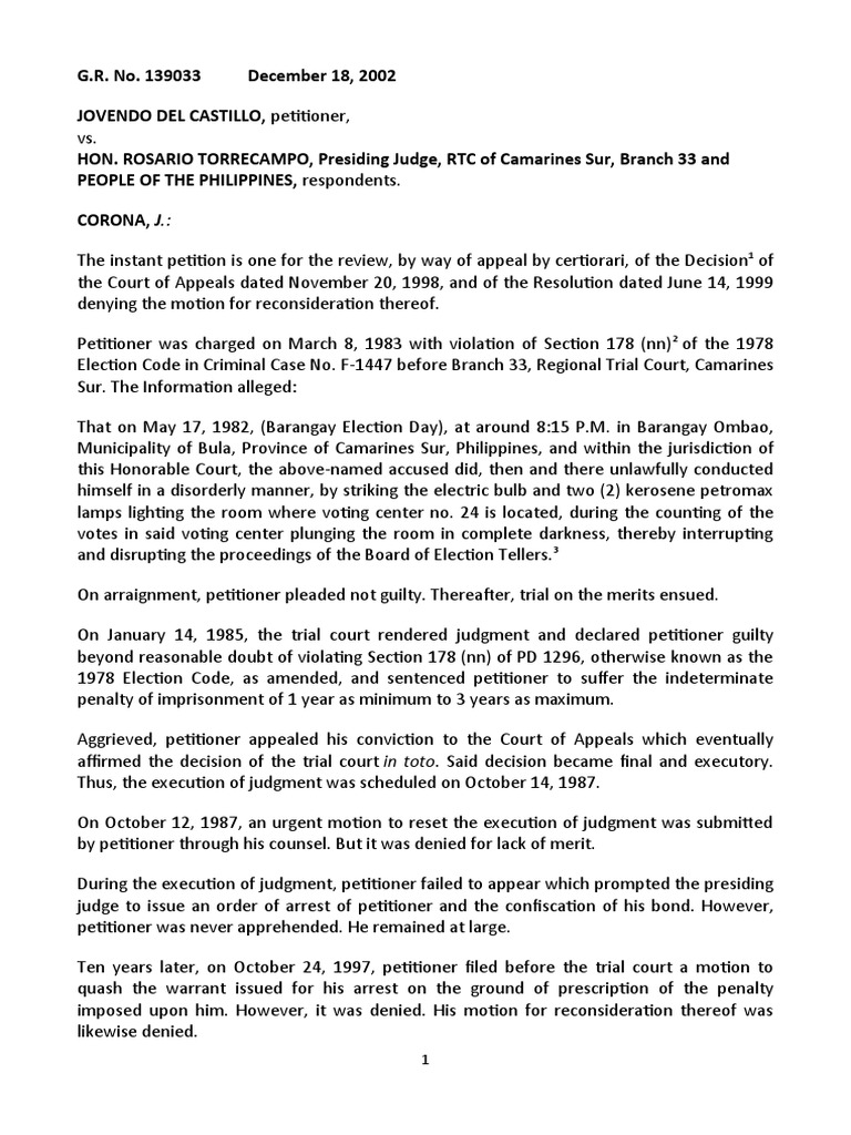 Del Castillo Vs Torrecampo G.R. No. 139033 Dec 18, 2002 PDF