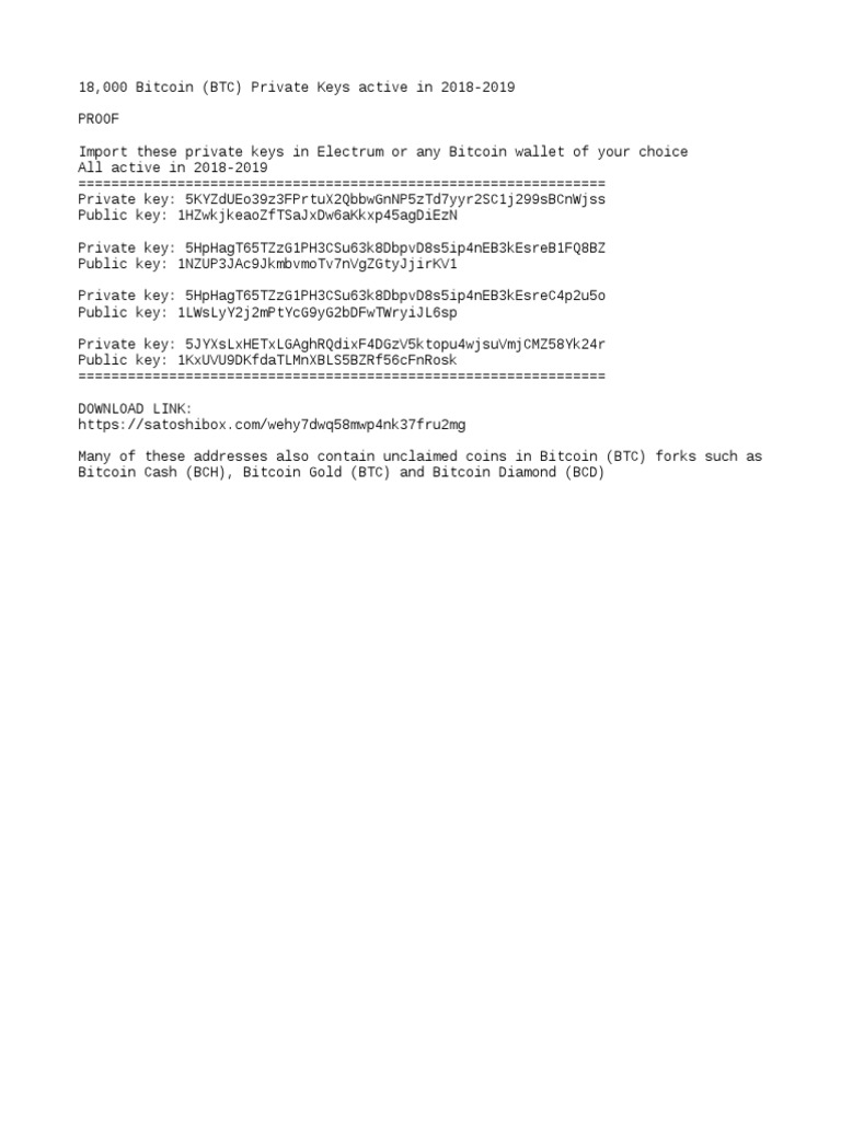 18 000 Bitcoin BTC Private Keys Active in 2018 2019 PDF | PDF