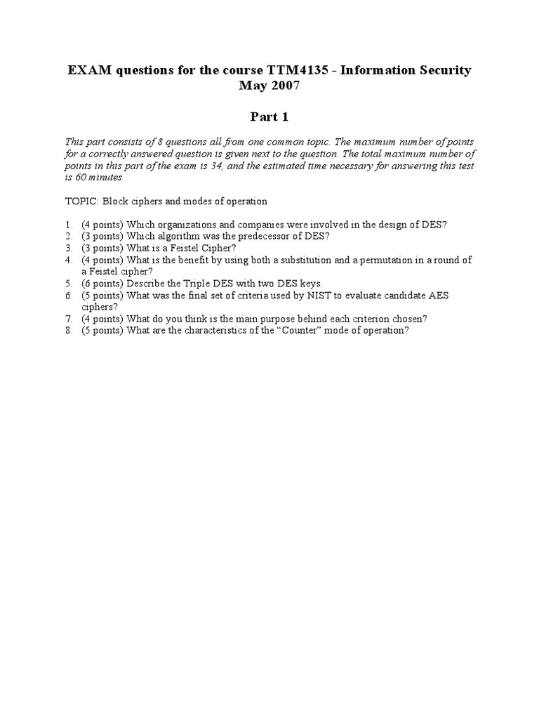 TTM4135 Information Security Exam Questions | PDF | Cryptography ...