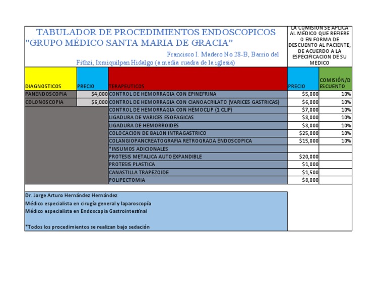 Tabulador Precios Endoscopia Hospital Regional PDF Pruebas medicas