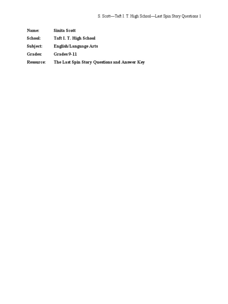 The Last Spin Story Questions SML PDF Question