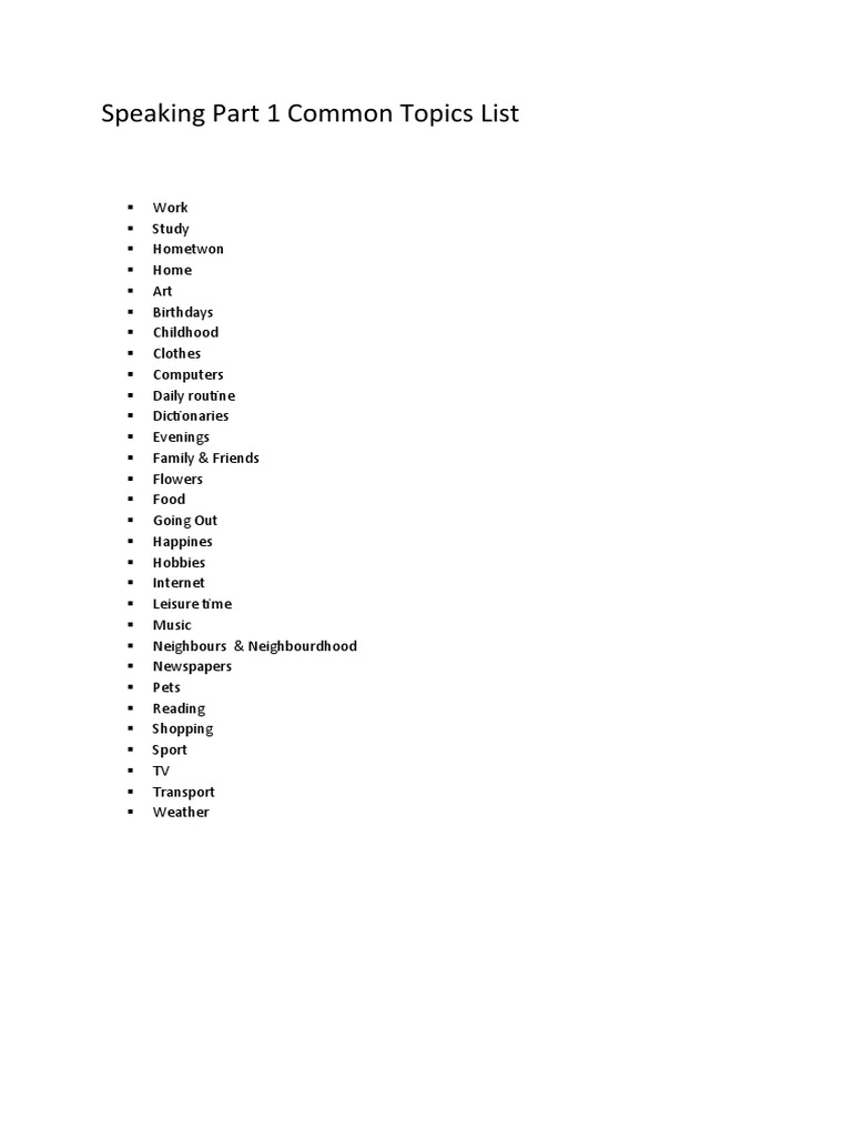 Speaking Part 1 Common Topics List | PDF
