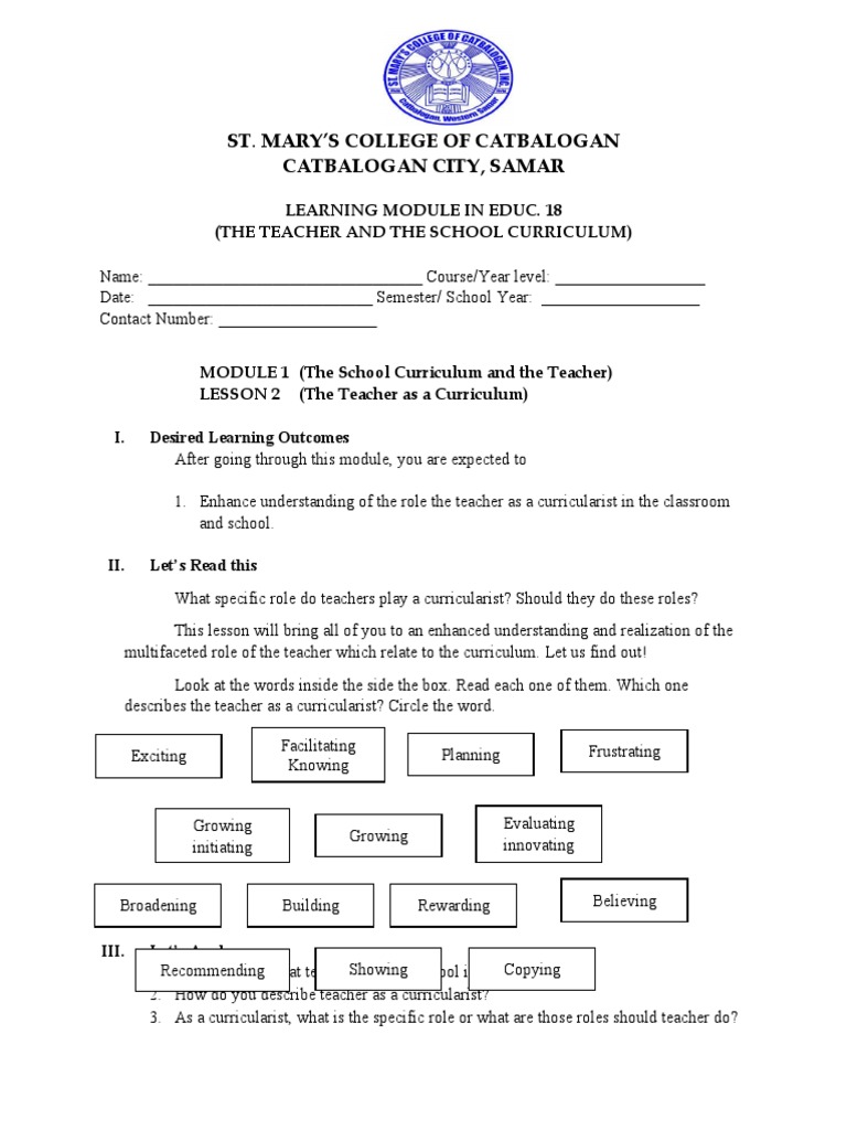Module 1 Lesson 2 | PDF | Curriculum | Schools