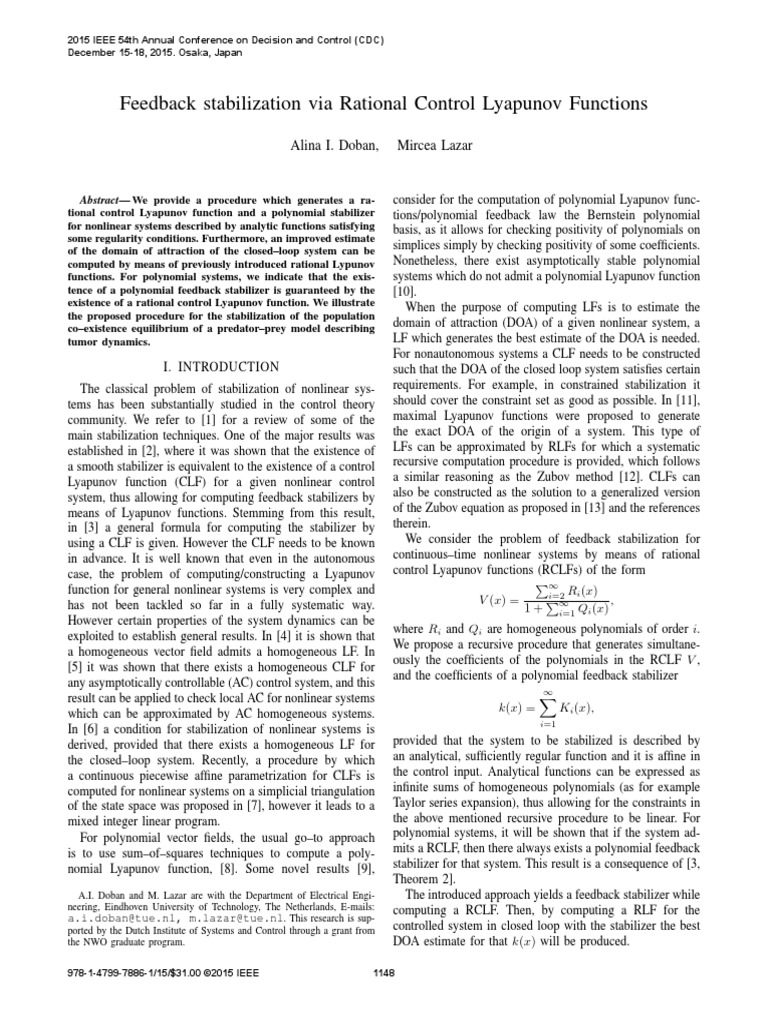 Feedback Stabilization Via Rational Control Lyapunov Functions | PDF ...