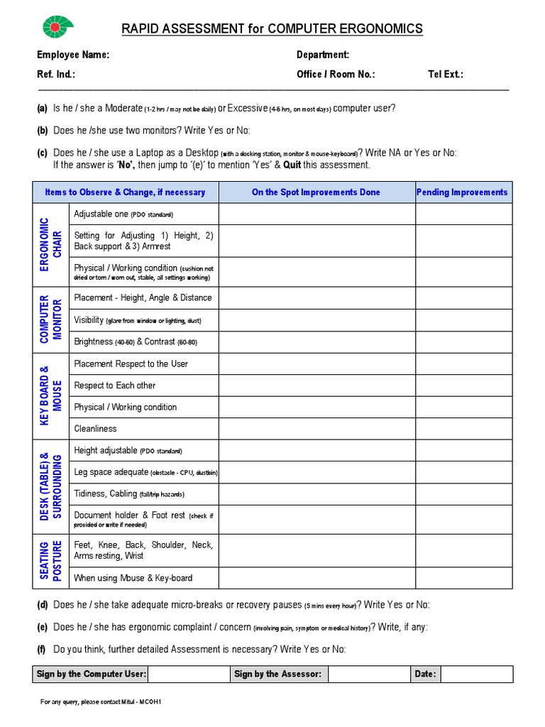 Computer Ergonomics Assessment Guide | PDF | Teaching Methods ...