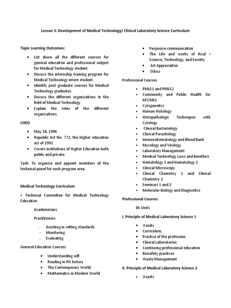 Medical Technology Curriculum Overview | PDF | Medical Laboratory ...