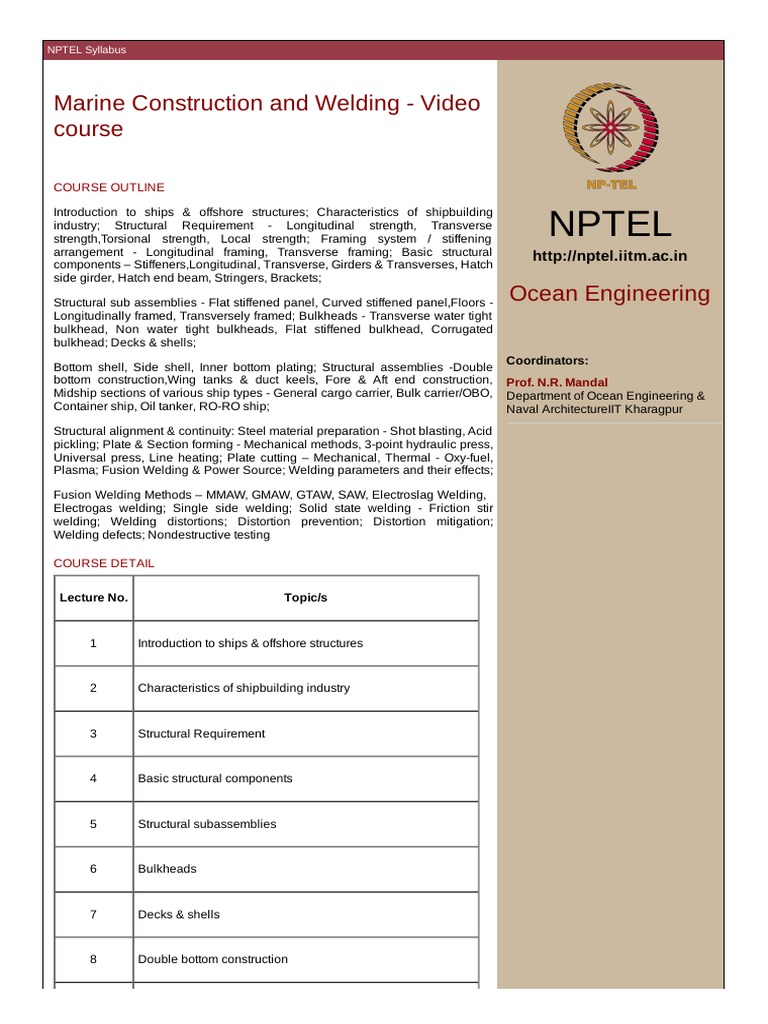 Nptel: Marine Construction and Welding - Video Course | PDF | Ships ...