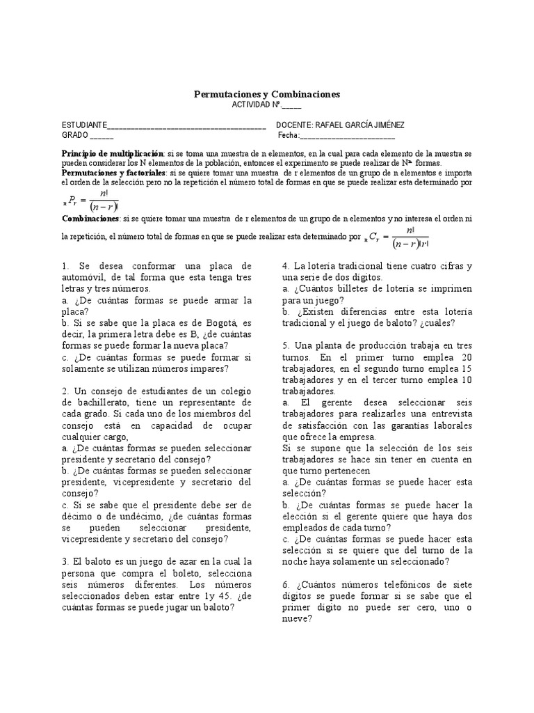 Combinaciones y Permutaciones en Ejercicios | PDF | Enseñanza de ...
