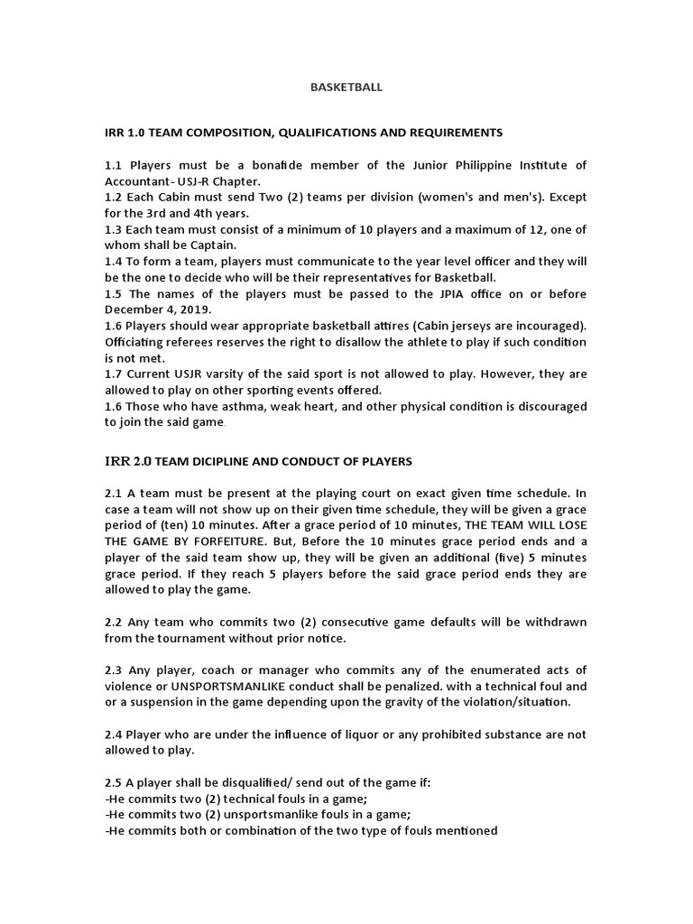 Irr 1.0 Team Composition, Qualifications and Requirements Basketball