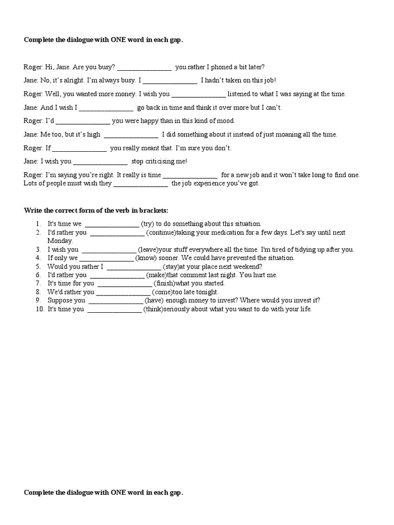 Complete The Dialogue With ONE Word in Each Gap | PDF | Language ...