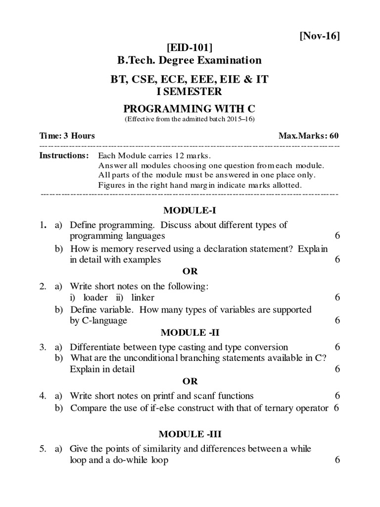 B.Tech. Degree Examination BT, Cse, Ece, Eee, Eie & It: (Nov-16) (EID ...