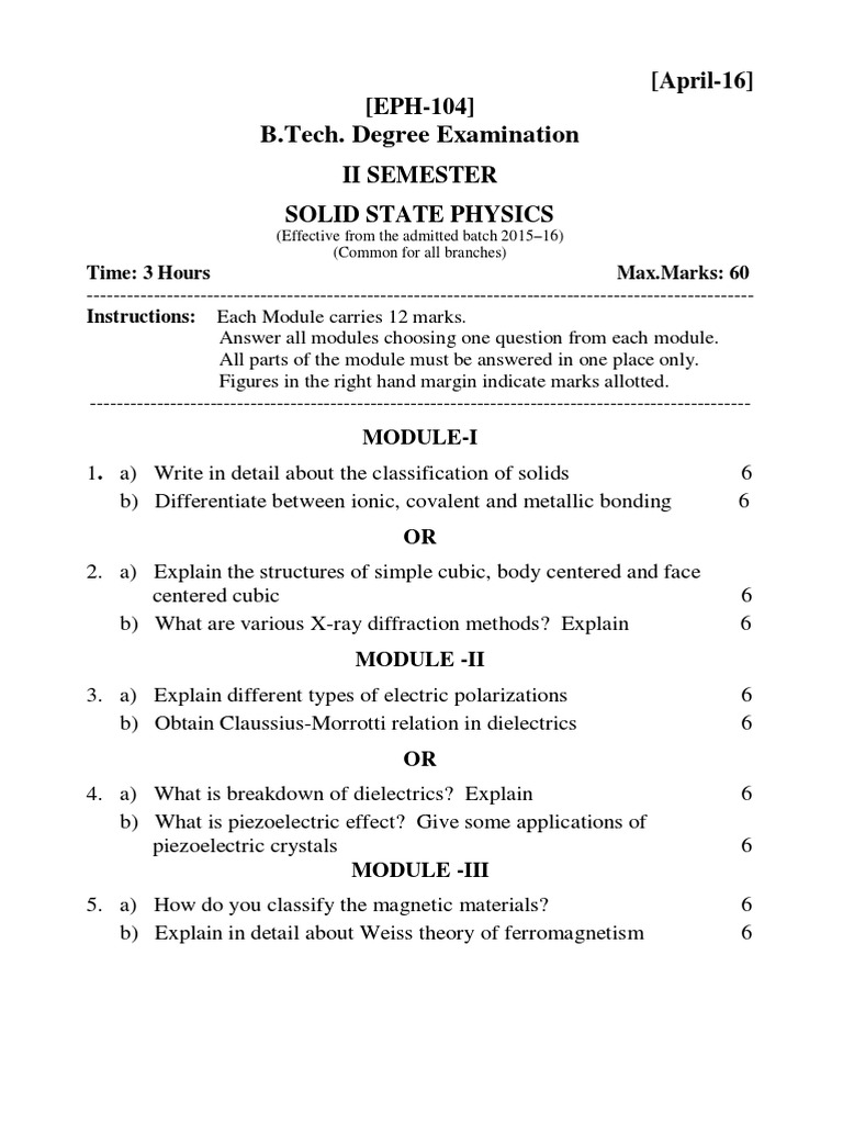 Solid State Physics Exam Guidelines | PDF | Semiconductors | Solid ...