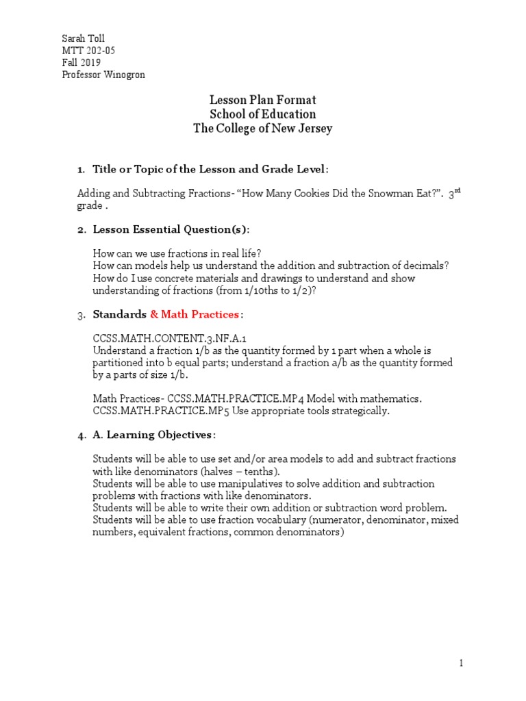 Lesson Plan Format School of Education The College of New Jersey | PDF ...