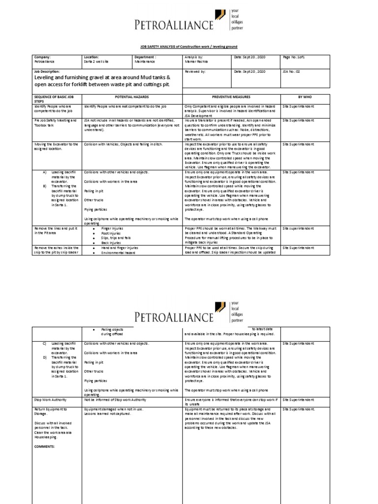 Excavation Job Safety Analysis Guide | PDF | Personal Protective ...