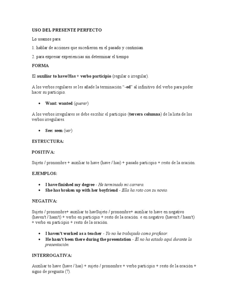 Uso y estructura del presente perfecto | PDF | Verbo | Asunto (gramática)