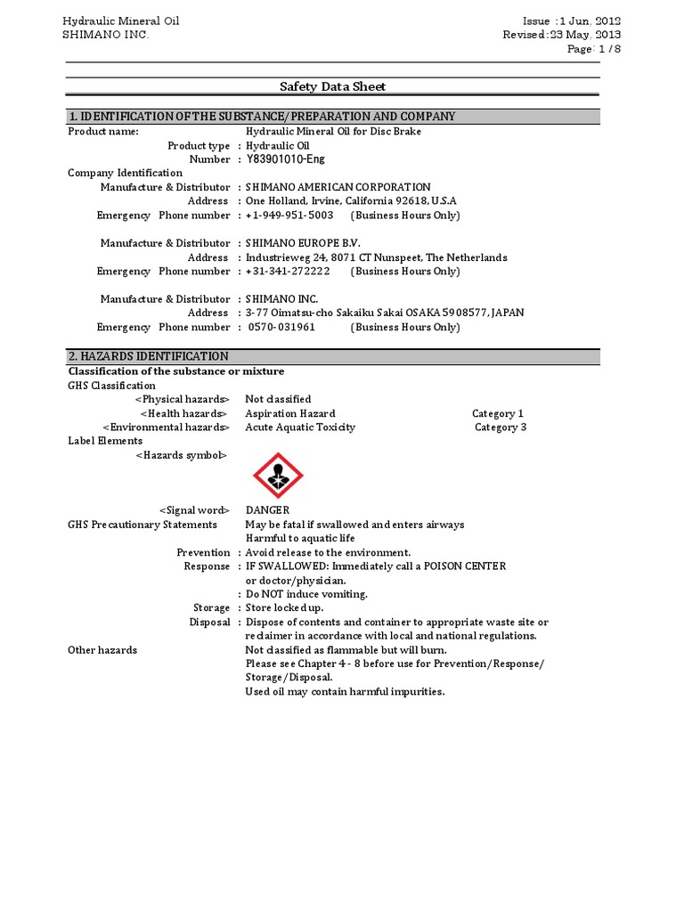 Shimano Hydraulic Mineral Oil Eng PDF Toxicity Dangerous Goods
